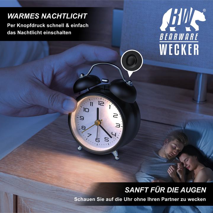 Produktbild Bearware Analoger Wecker klassisches Design, ohne Ticken, lauter Weckton, Batteriebetrieb, metall, schwarz