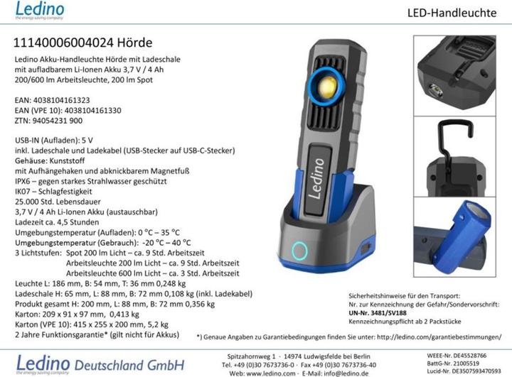 Energie-Label Ledino Akkuhandleuchte Hörde mobile Leuchte 600lm, Li-Ionen Akku 3,7 V / 4Ah (600 lm)