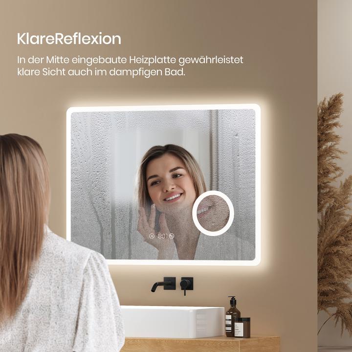 Actual product image Emke Bathroom Mirror With Lighting 80*60cm,3X Magnification, Fog-Free,Temperature&Time, 3CCT(3000K-6500K)