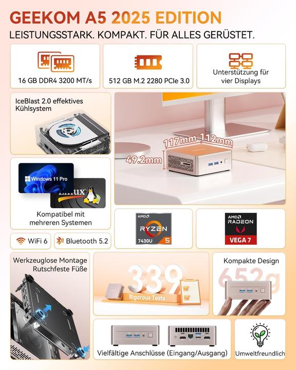 Image du produit Geekom Mini-PC 2025 Edition mit Ryzen 5 und Windows 11 Pro (AMD Ryzen 5 7430U, 2 Go, 512 Go, Radeon RX Vega 7)