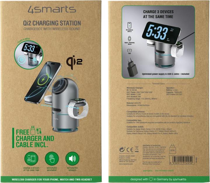 Actual product image 4smarts Wireless Charger 3-in-1 ChargeBot Sound Spacegrau (15 W)