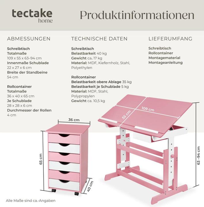 Produktbild tectake Kinderschreibtisch und Rollcontainer (109 x 55 x 94 cm)
