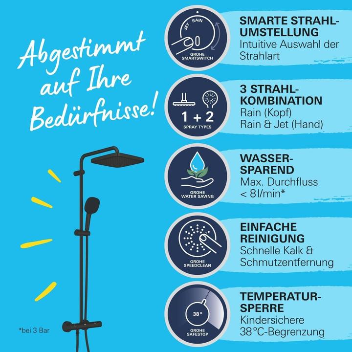 Actual product image Grohe Vitalio Comfort 250 Duschsystem mit Thermostatbatterie, eckig, variable Bohrlöcher, wassersparend, m