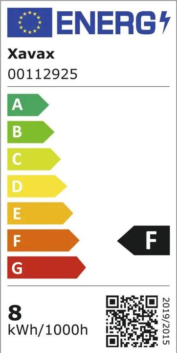Label énergétique Xavax Ampoule LED, E27, 806lm remplace 60W, ampoule à réflecteur R63, blanc chaud (E27, 806 lm, 1x)