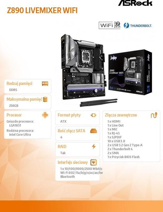 Produktbild AsRock Z890 LiveMixer WiFi Intel DDR5 S1851 (LGA 1851, Intel Z890, ATX)