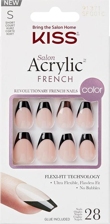 Actual product image KISS Adhesive nails Salon Acrylic French Colour - Flame 28 pcs (Nail glue, Dark Black)