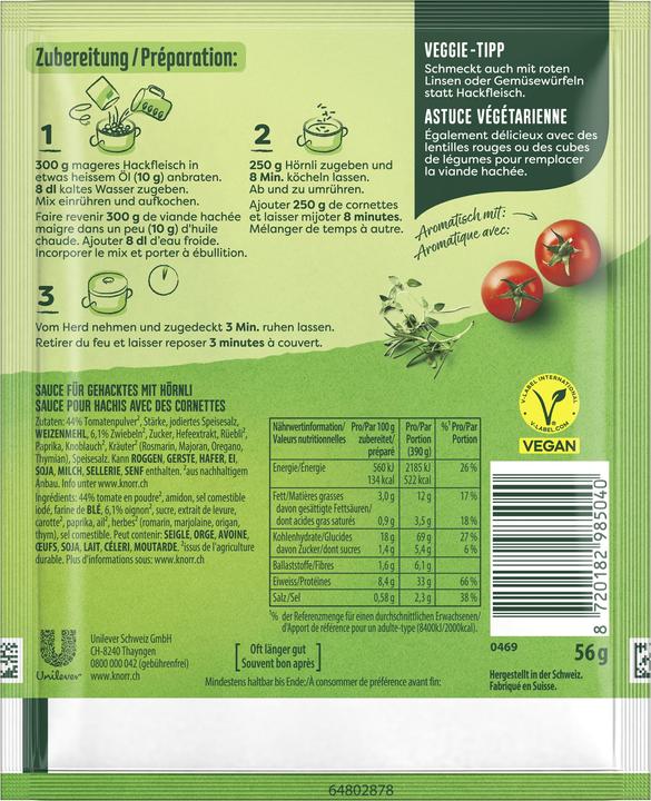 Nährwerte und Zutaten Knorr Mix für Gehacktes mit Hörnli Beutel 3 Portionen (61 g)