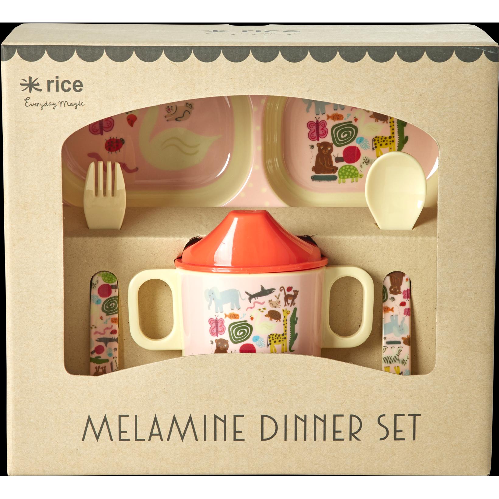 Rice, Kindergeschirr + Kinderbesteck, - Melamine Baby Dinner Set - Wildlife Print - Pink