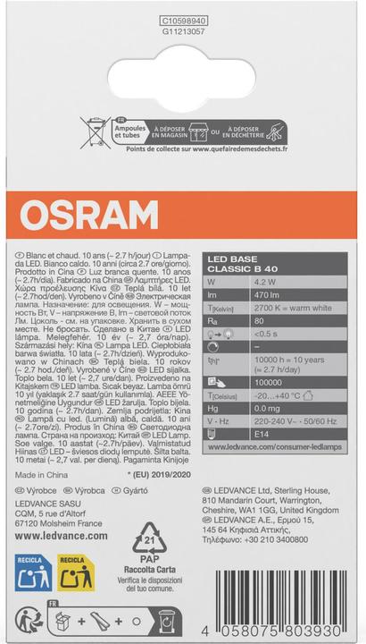 Immagine prodotto Osram Base Led Classic B (E14, 4 W, 470 lm, 2 x, E)