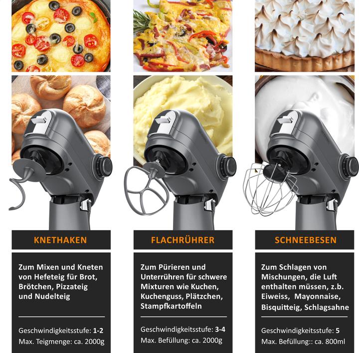 Produktbild Arendo Küchenmaschine, Knetmaschine mit 5L Edelstahlschüssel inkl. 3 Rührwerkzeuge, Rührmaschine mit 1200 W (1200 W)