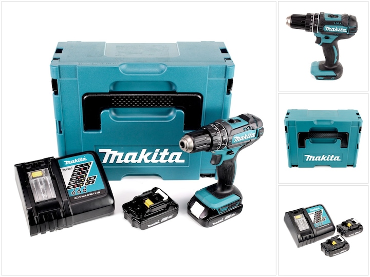 Makita DHP 482 - 18 V Li-Ion Perceuse visseuse à percussion sans fil avec boîtier Makpac + 2x Batter (Fonctionnement sur batterie)