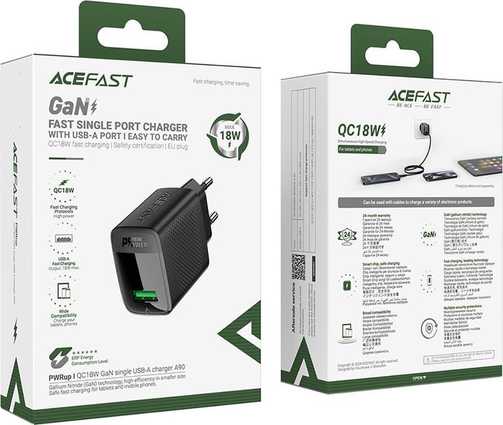 Produktbild Acefast A90 GaN USB-A QC 18W network charger - black (18 W, 1 Port)