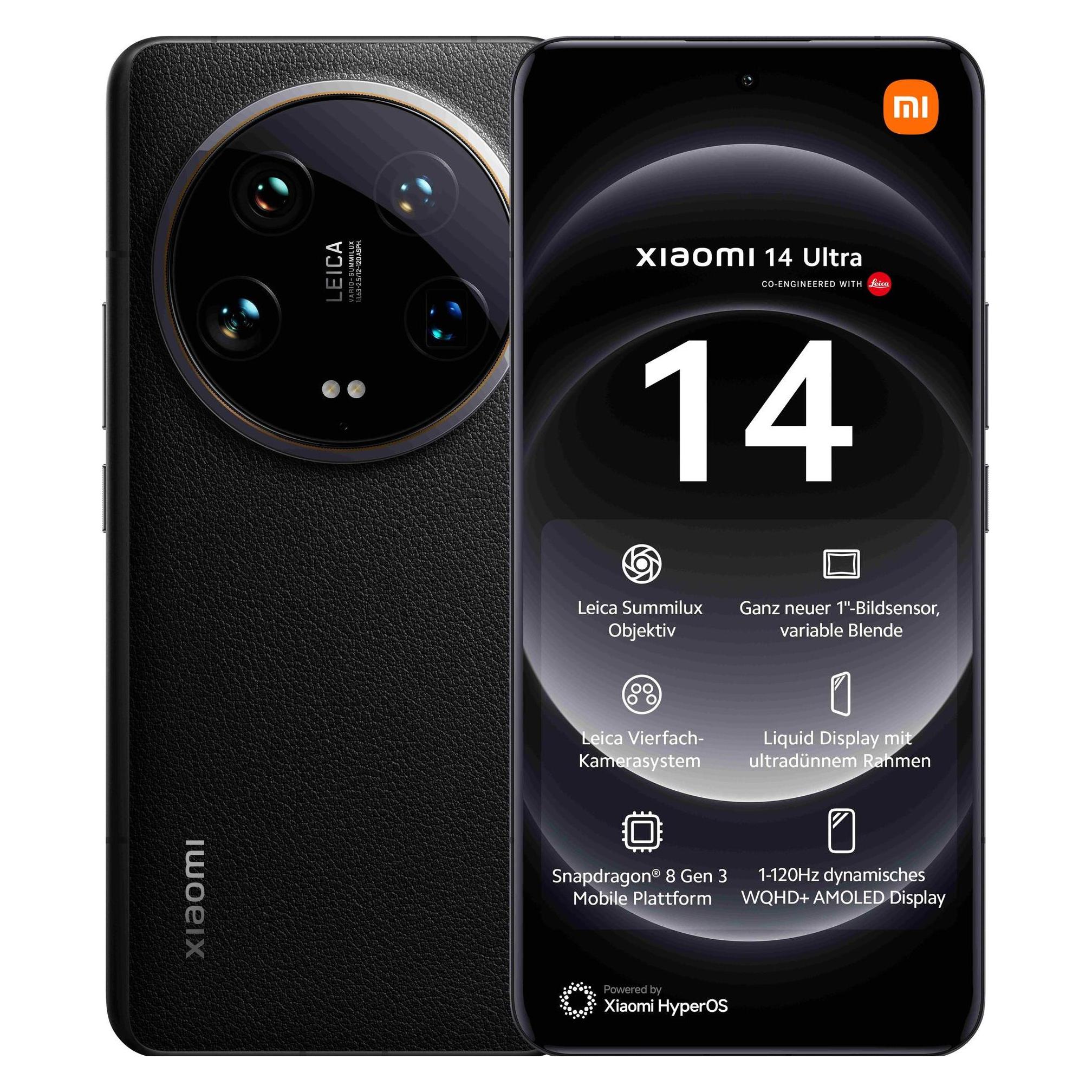 Xiaomi 14 Ultra (512 GB, Black, 6.73", Dual SIM, 5G), Smartphone, Schwarz