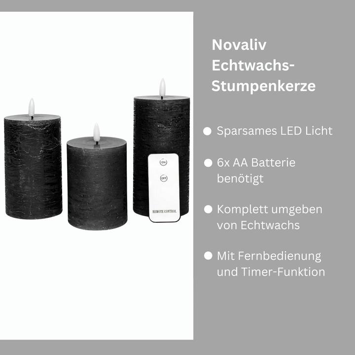 Actual product image Novaliv 6er Set Led Kerzen 7,5cm ø Kerze flackernde Flamme mit Fernbedingung SCHWARZ 15 cm + 12,5 cm + 10 cm (6x)