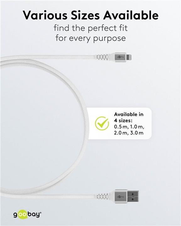 Actual product image Goobay Lightning USB-A Supersoft textile cable with metal plugs, 3 m (3 m, USB 2.0, 60 W)