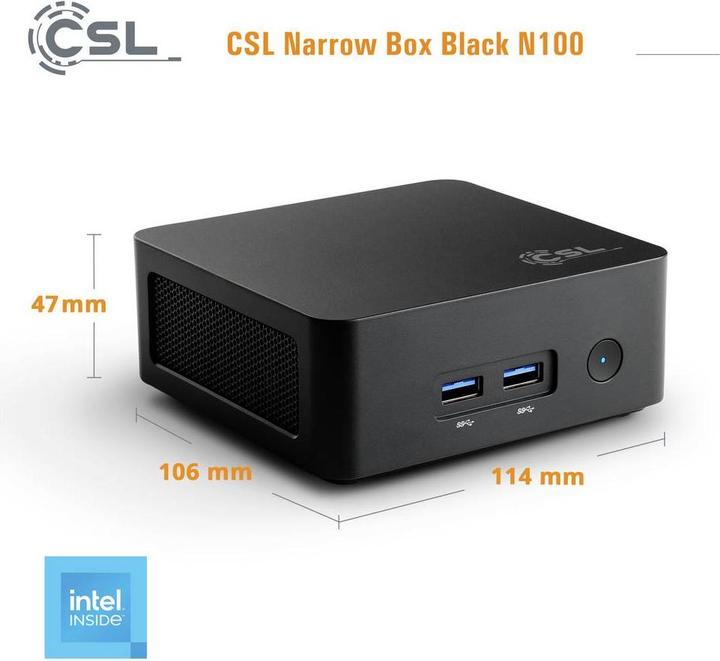 Actual product image CSL Mini-PC Narrow Box Black / 16GB / 500 GB M.2 SSD / Win 11 Pro (500 GB, 16 GB, Intel N150, Intel UHD Graphics)
