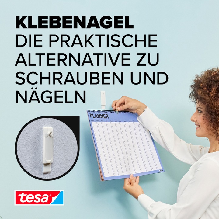 Produktbild tesa Klebenagel für Tapete & Putz, 1kg Halteleistung, spurlos ablösbar & wiederverwendbar, 2 Nägel