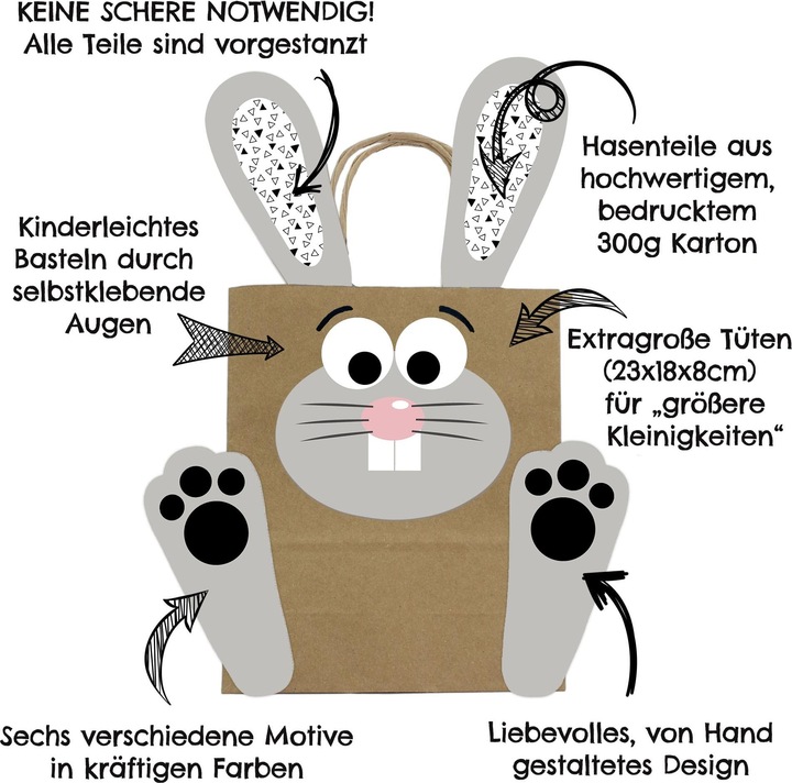 Actual product image Papierdrachen Large DIY Easter bunnies with large bags - 4 - black and white (Gift bag, 4 x)