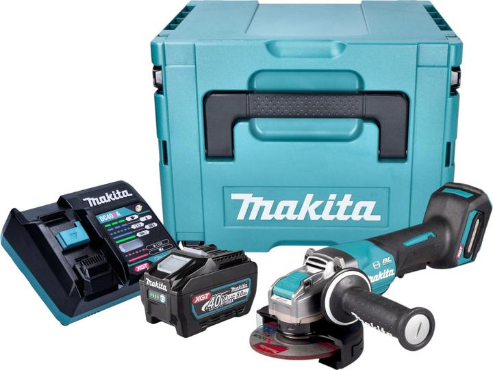 1x smerigliatrice angolare a batteria Makita GA 047 G, 1x impugnatura laterale (158237-4), 1x cofano di protezione (141L27-4), 1x disco da sbavo (E-00402), 1x copertura del cofano di protezione (199710-5), 1x Makita BL 4050 F 40 V max. 5,0 Ah, Batteria agli ioni di litio da 5000 mAh, 1x caricatore rapido Makita DC 40 RA 40 V, 1x Makita MAKPAC, 1x inserto universale