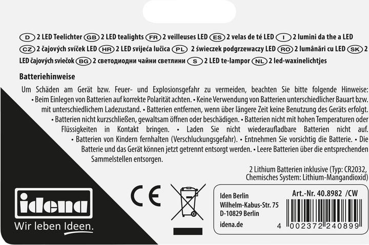 Image du produit Idena Bougies à réchaud LED 2p. avec piles au lithium (2 x)