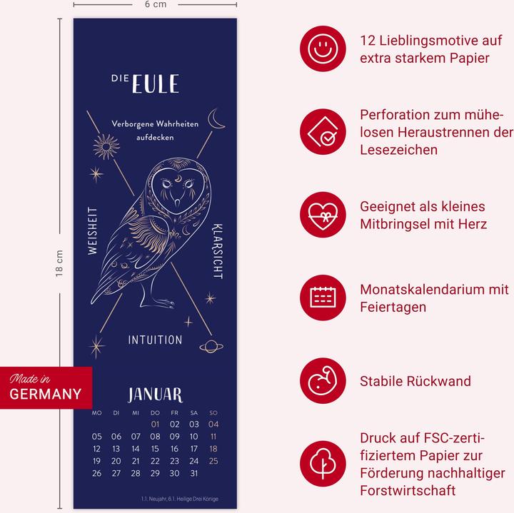 Produktbild Krafttiere Lesezeichen & Kalender 2026 (6 x 18 cm, Harter Einband, Deutsch)