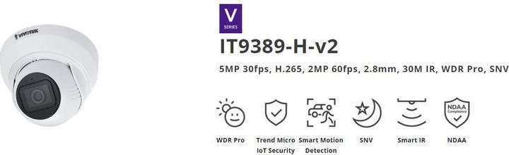 Actual product image Vivotek V-SERIE IT9389-H-v2 Turret Fixed Dome Camera, 5MP, Outdoor, IR, 2.8mm (2560 x 1920 pixels)