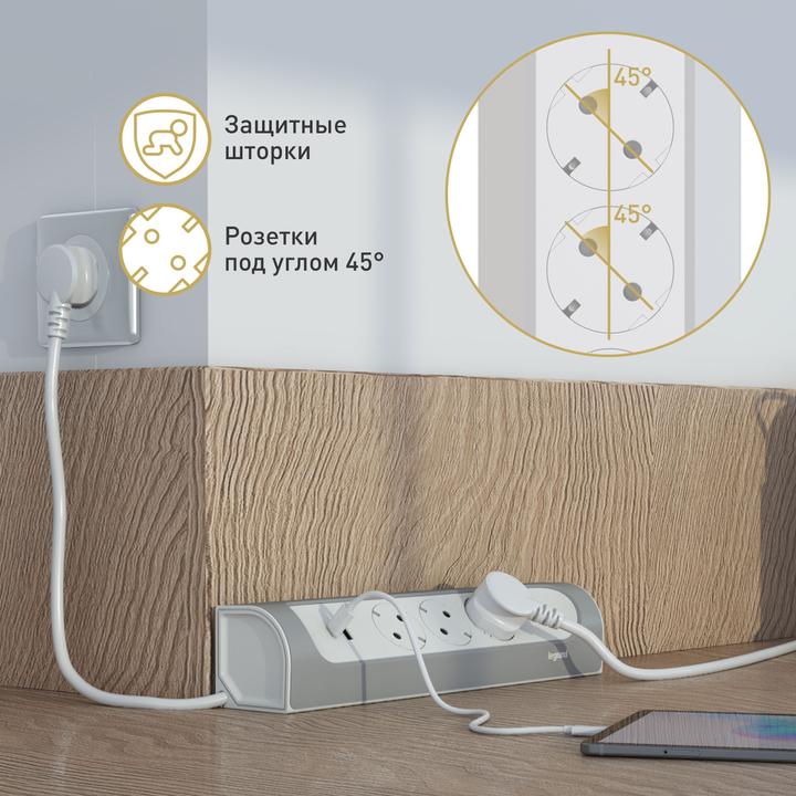 Image du produit Legrand Multiprise d'angle 3x prise, USB-A, USB-C, sans câble Ultra blanc/aluminium 694504 (3 x)