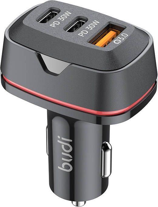 Productafbeelding Budi autolader, USB + 2x USB-C, 60W, PD + QC (zwart)