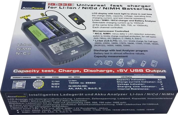 Immagine prodotto AccuPower Caricabatterie per celle tonde NiCd, NiM (14500, 18650, AA, CR123A, Batteria + Caricabatterie)