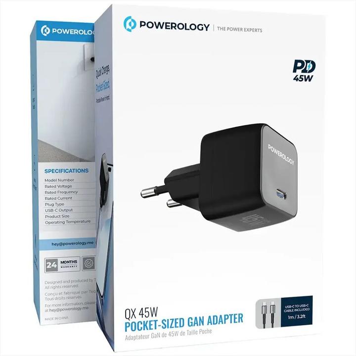 Produktbild Powerology QX 45W Single Port Type C EU GaN Adapter C zu C Kabel- Schwarz/Grau (45 W, 1 Port)