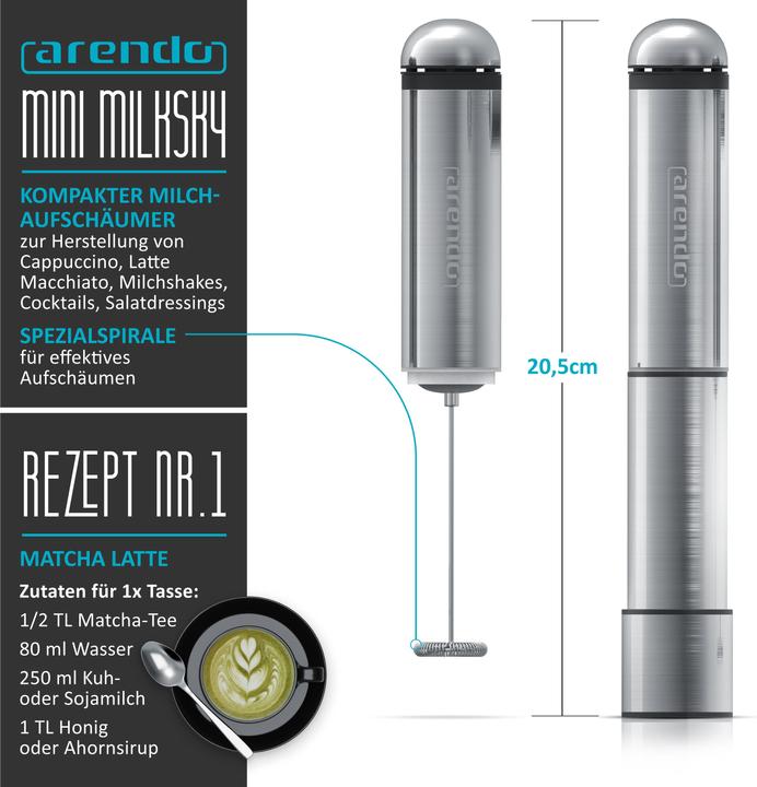Produktbild Arendo Milchaufschäumer, batteriebetrieben, kompakter Edelstahl Stab Handmilchaufschäumer mit 13000 U/min