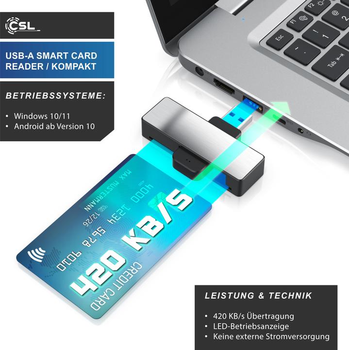 Produktbild CSL Chipkartenleser und Schreiber, USB Typ A Smart Card Reader, ISO 7816, MacOS, Win 10–11, Android (USB-C)