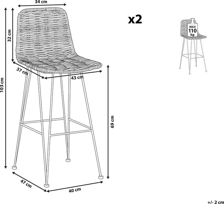 Produktbild Beliani Barhocker Rattan schwarz 2er Set CASSITA