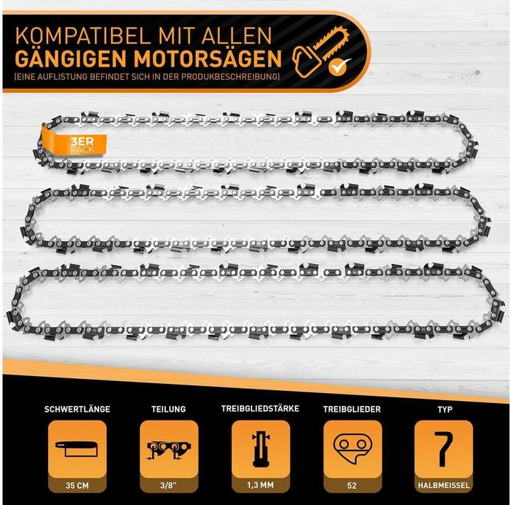 Actual product image Hardtwerk Sägekette 3/8" 1.3 mm für 35 cm Schwert 3er Pack (Chainsaw, Chainsaw Sword)