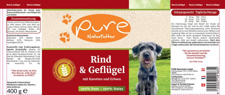 Produktbild Pure Naturfutter Hundemenü Rind & Geflügel mit Gemüse (Senior, Adult, Junior, 1 Stk., 400 g)