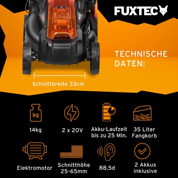 Actual product image Fuxtec 40V Battery Lawn Mower FX-E1RM20 SET with 2 x Battery 2Ah, Dual Charger 2.4A (Rechargeable battery operated)