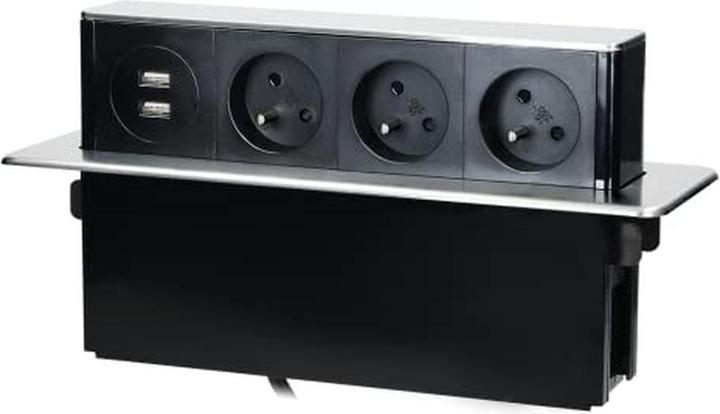 Orno Prise de meuble coulissante avec bord plat fraisé, chargeur USB et câble de 2 m, 3 prises de type E (3 x, C14, 2 m)