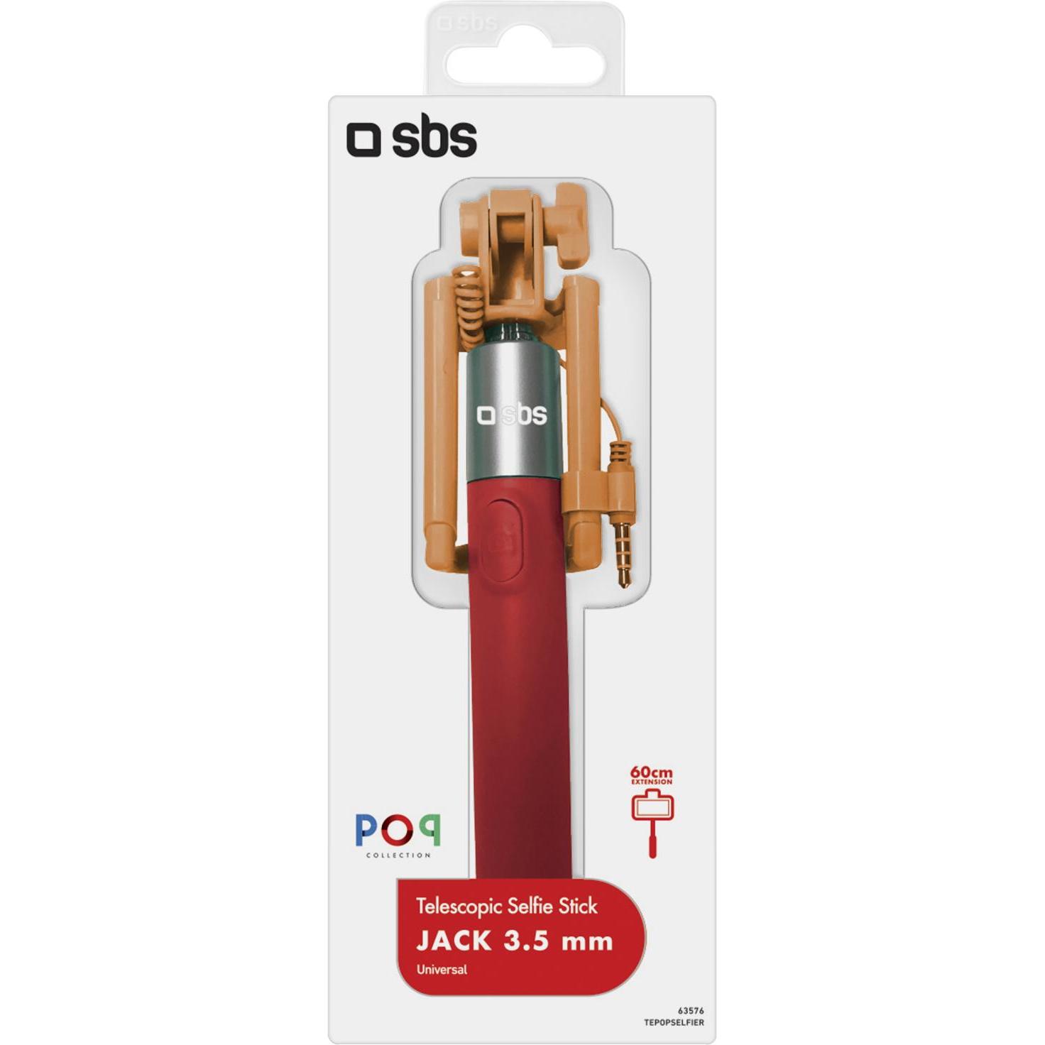 Thumbnail - SBS Ausziehbarer Selfie-Stick mit Klinkenstecker-Kabel, Selfie Stick, Rot