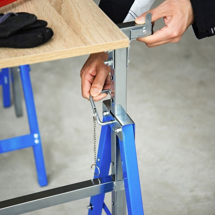 Produktbild Swisshandel24 2 x Gerüstbock Unterstellbock Klappbock höhenverstellbar bis 200kg Stahl Blau 68 x 58 x 80-130 cm (58 cm, 68 cm)