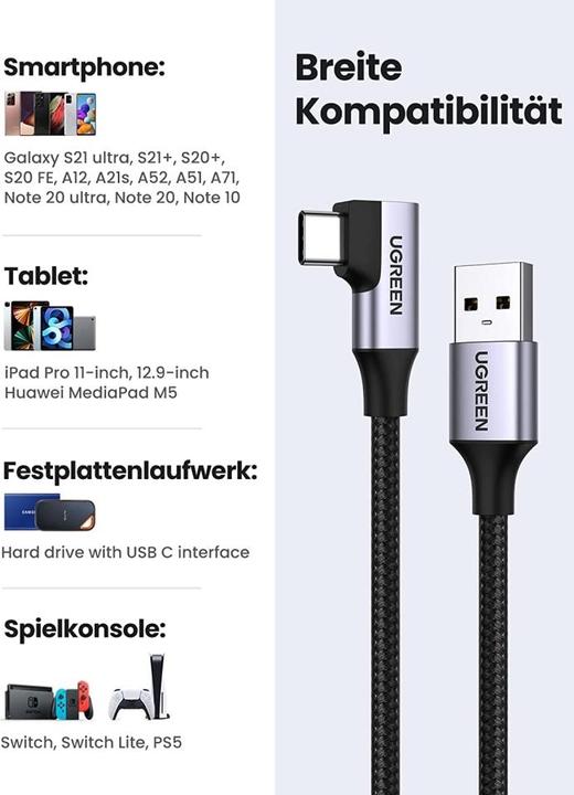 Image du produit Ugreen Angle cable USB to USB-C US385, 3A, 1m (black) (1 m, USB 3.1, 15 W)