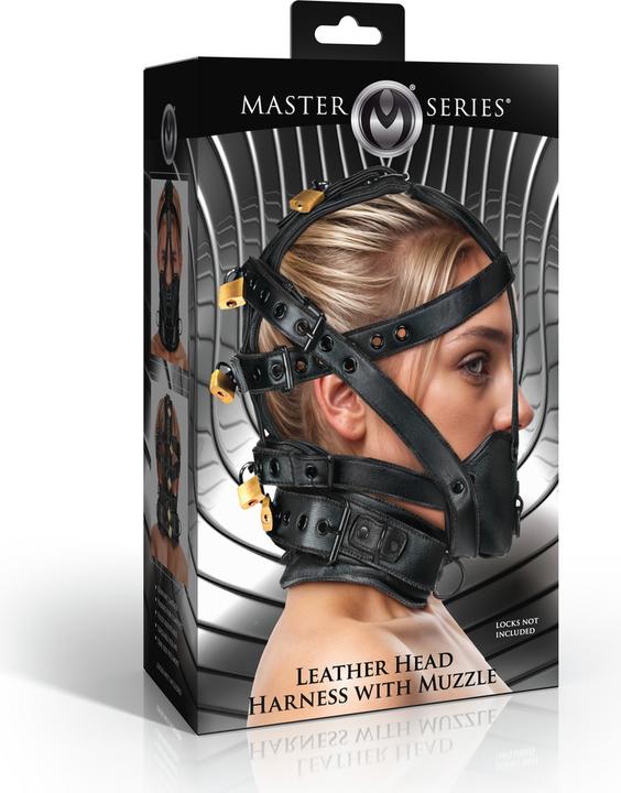 XR Brands Leather Head Harness with Muzzle - Black