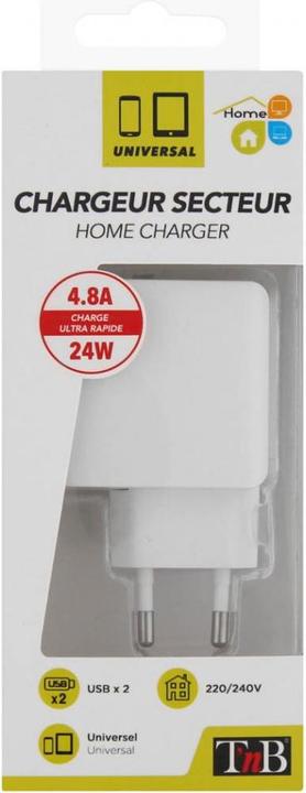 Produktbild T'nB TNB 4.8A Mains 2 USB Charger White (2 Ports)