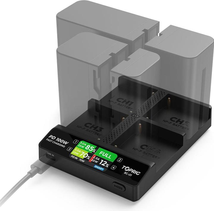 Accsoon Toprig 100W 4-Bay NP-F Fast Charger with EU GaN Charger (BC01EU3) (Caricabatterie per fotocamere)