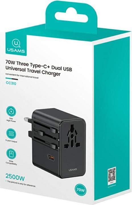 Productafbeelding Usams Travel Charger Adapter CC310 3xUSB-C 70W 4in1 US/AU/EU/UK black (70 W)