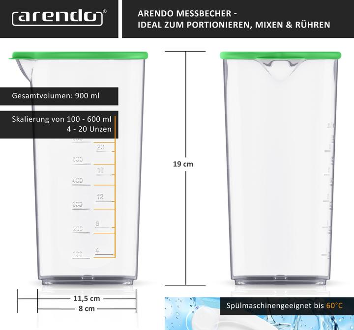 Actual product image Arendo Plastic measuring cup 600ml, 20 oz, drinking cup, ideal for electric hand mixers and hand blenders (900 ml)