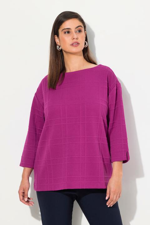 Actual product image Ulla Popken Textured Grid Check 3/4 Sleeve Boat Neck Sweatshirt (46, 48)