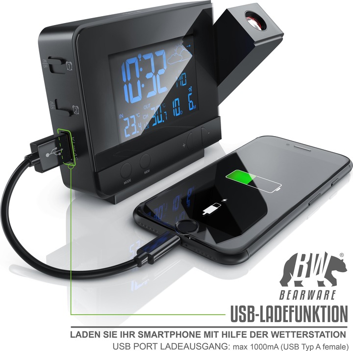 Produktbild Bearware Wetterstation mit Aussensensor, Funkwetterstation, Projektionsanzeige DCF-Funkuhr, Wettervorhersage