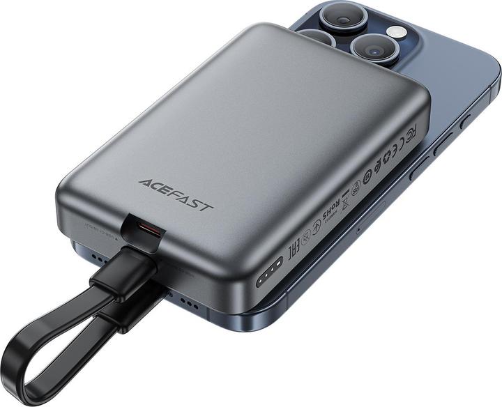 Actual product image Acefast Powerbank M10 Magnetic 2x USB-C PD 30W with 15W Inductive Charging and USB-C Cable - Black (10000 mAh, 30 W, 37 Wh)