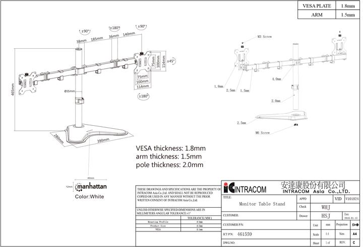 Produktbild Manhattan Standfuss Monitorarm für zwei Monitore 33 813 (Tisch, 32", 8 kg)