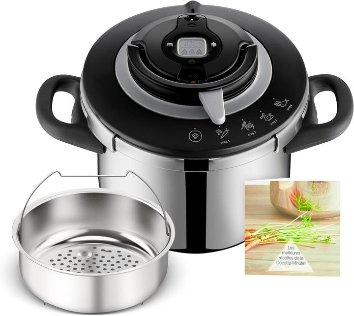 SEB Pressure Cooker with 4 Programs, One-Hand Lid, Timer, and Steam Basket (Steam cooker, Stainless steel)